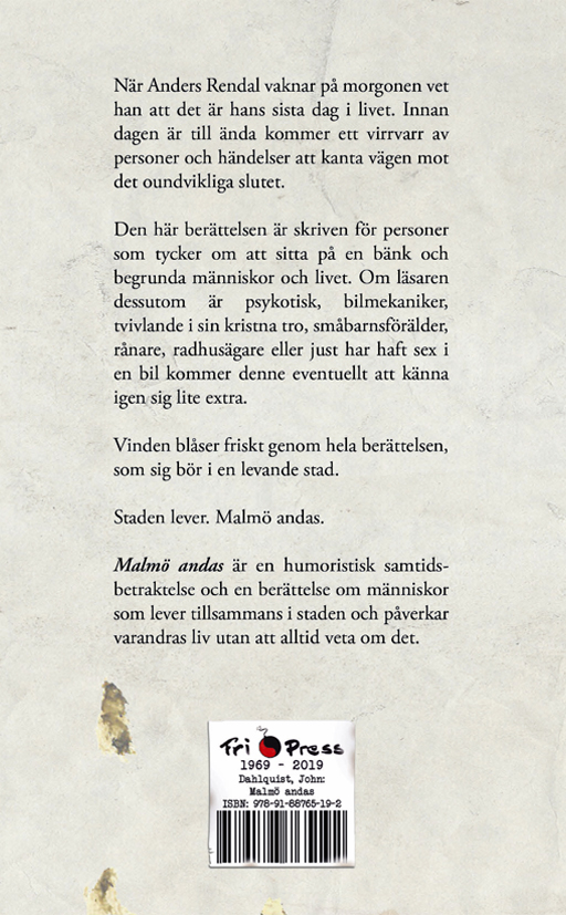 BILD: Baksidan av omslaget till 'Malmö andas' av John Dahlquist, det är fläckigt och ser slitet ut
