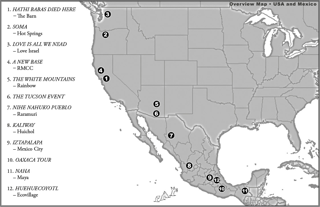 BILD: Karta över Mexiko och USA med viktiga platser som The Illuminated Elephants besökt.