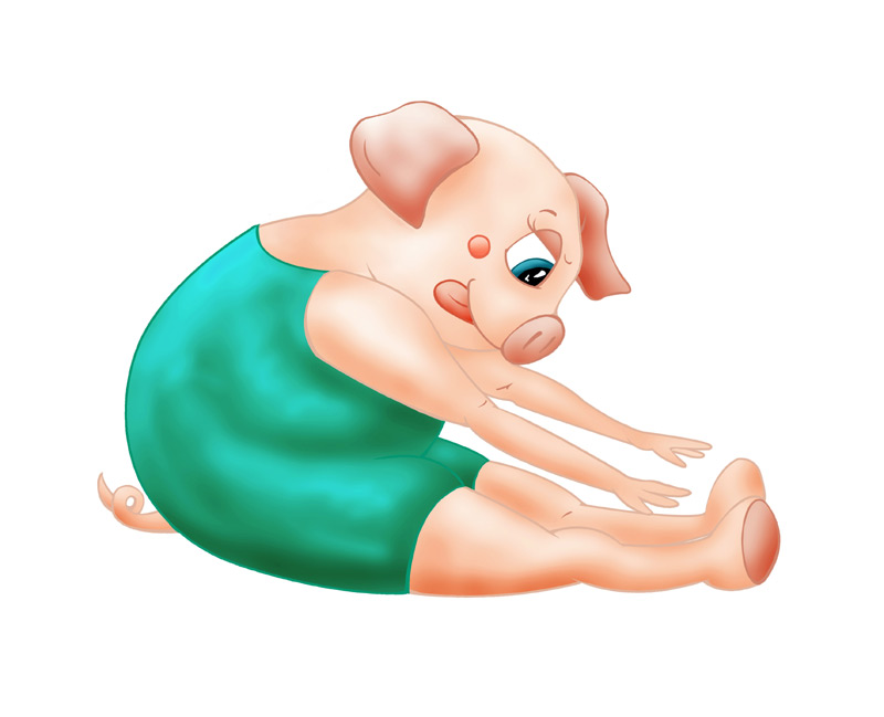 BILD: gris som försöker att nå sina tår, illustration till 'Yoga som djur! av Dag Persson och Sara Lundstedt