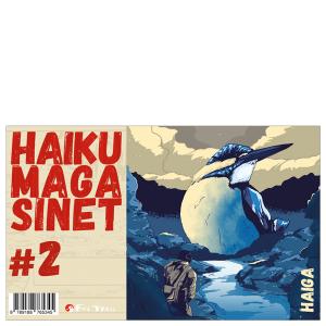 Omslaget till 'Haikumagasinet #2' med en stor kungsfiskare och en liten fågelskådare målat av Sara Lundstedt