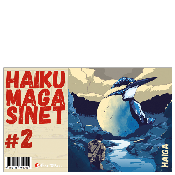 Omslaget till 'Haikumagasinet #2' med en stor kungsfiskare och en liten fågelskådare målat av Sara Lundstedt