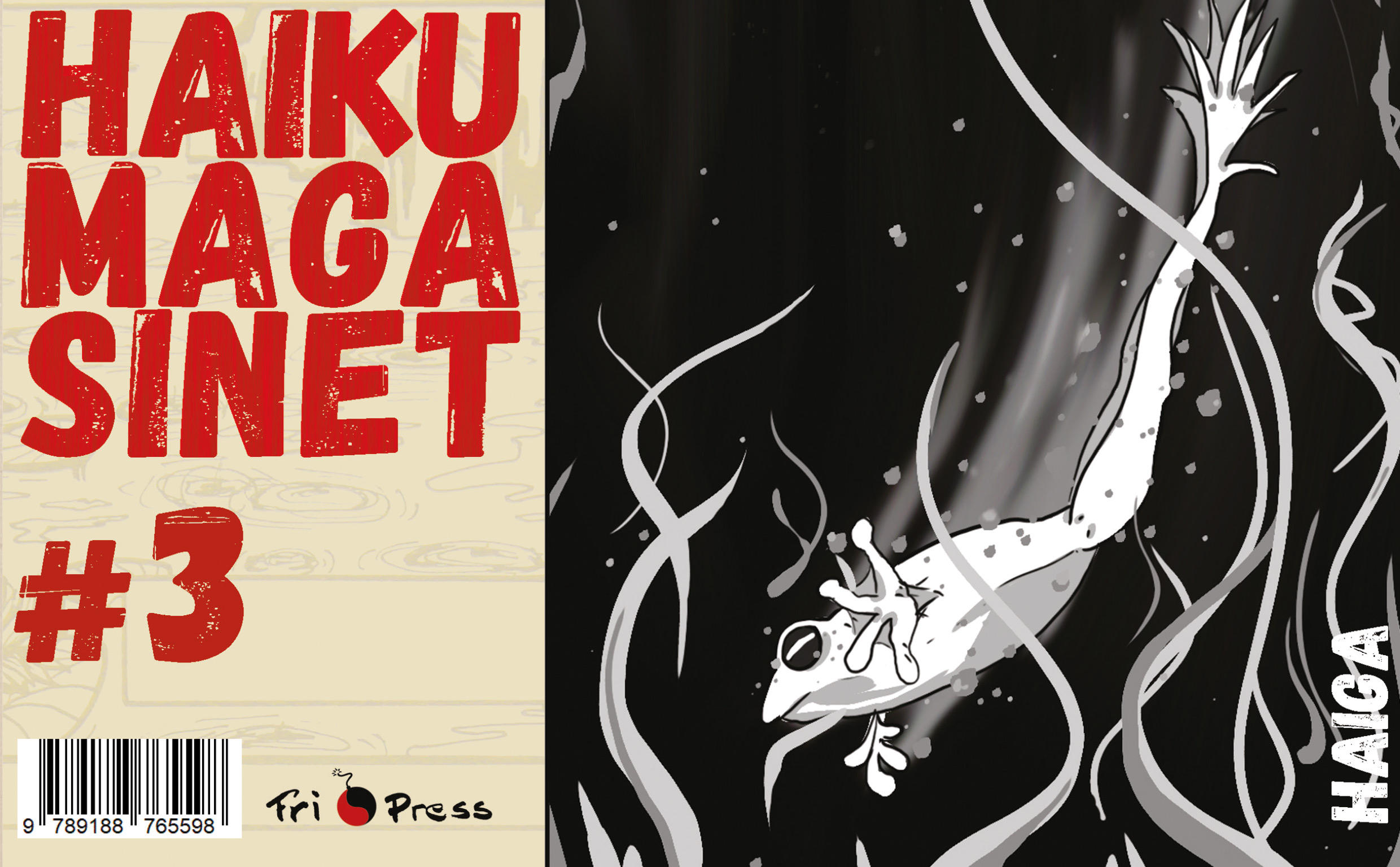 Omslaget till 'Haikumagasinet #3' med en groda som simmar under vattnet i en damm