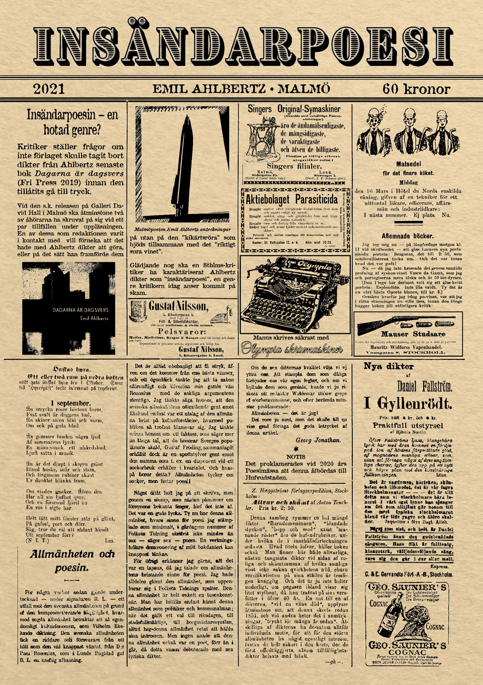 Omslaget till 'Insändarpoesi' av Emil Ahlbertz, som liknar en gammal tidning med små artiklar och annonser tryckt på