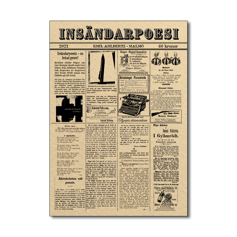Omslaget till 'Insändarpoesi' av Emil Ahlbertz, som liknar en gammal tidning med små artiklar och annonser tryckt på