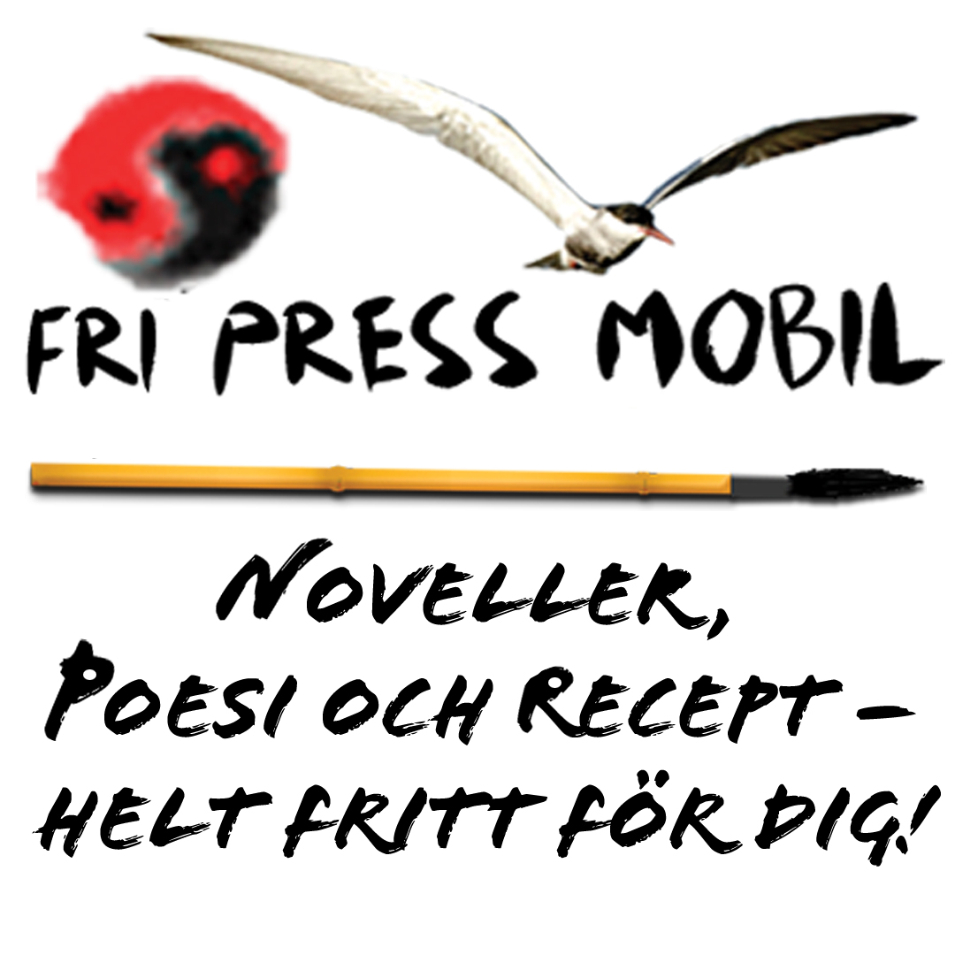 BILD: texten 'Fri Press Mobil' tillsammans med yin-jang i svart och rött, en bambupensel och en skäggtärna i flykt