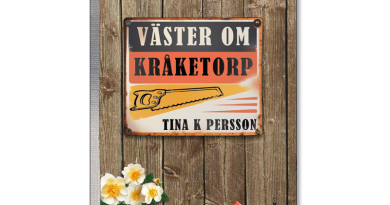 Omslaget till 'Väster om Kråketorp', poesi av Tina K Persson med titeln på en plåtskylt uppskruvad på en brädvägg med rosor i nederkanten