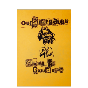 BILD: Omslag till Gatuduvans 'Outsideraura'. Det är gult och titeln och texten är tryckt som urklippta tidningsbokstäver. I mitten ett självporträtt av Gatuduvan
