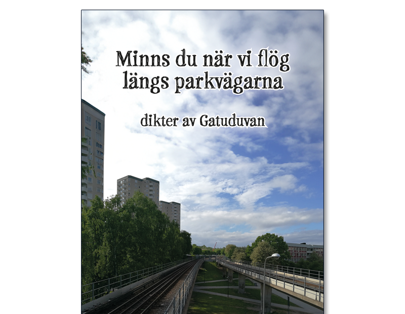 Omslaget till 'Minns du när vi flög längs parkvägarna' dikter av Gatuduvan, foton av Sobelow, med en bakgrund av tunnelbanespåren, höghusen och en blå himmel med lätta moln
