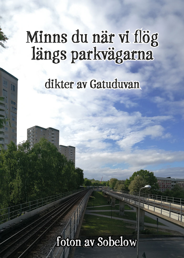Omslaget till 'Minns du när vi flög längs parkvägarna' dikter av Gatuduvan, foton av Sobelow, med en bakgrund av tunnelbanespåren, höghusen och en blå himmel med lätta moln