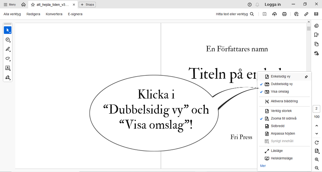 Acrobat Reader inställd på dubbelsidig vy
