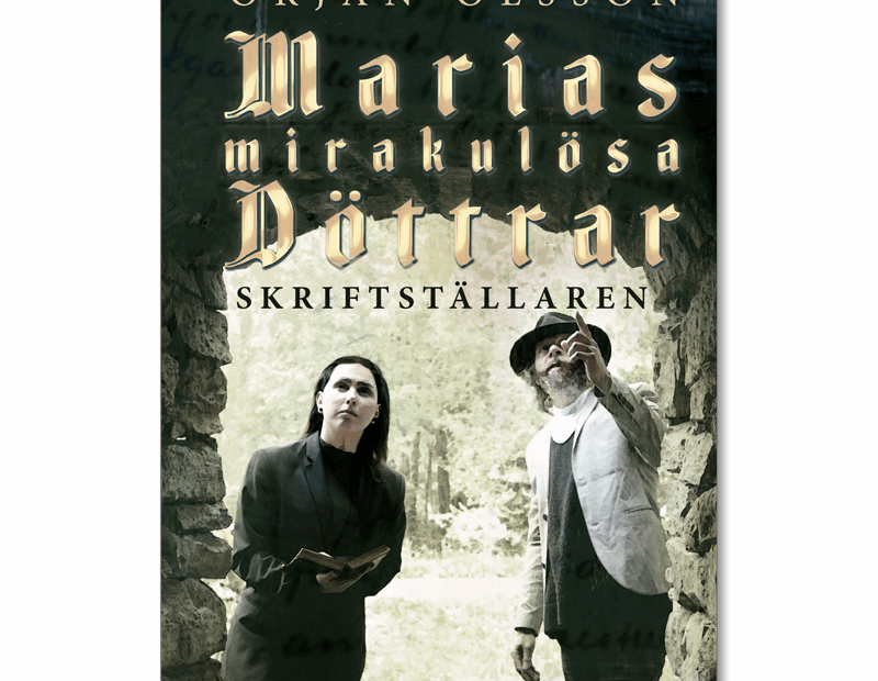 Omslaget till 'Marias mirakulösa Döttrar, Skriftställaren' En ung kvinna och en äldre man spanar i ett stenvalv