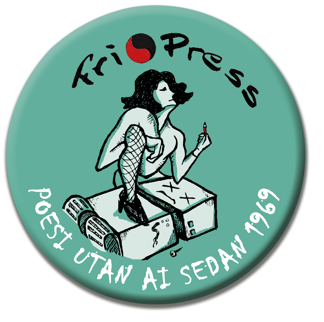 En knapp med texten 'Fri Press – Poesi utan AI sedan 1969' mot en bakgrund där en kvinna ses ha stampat ihjäl en robot