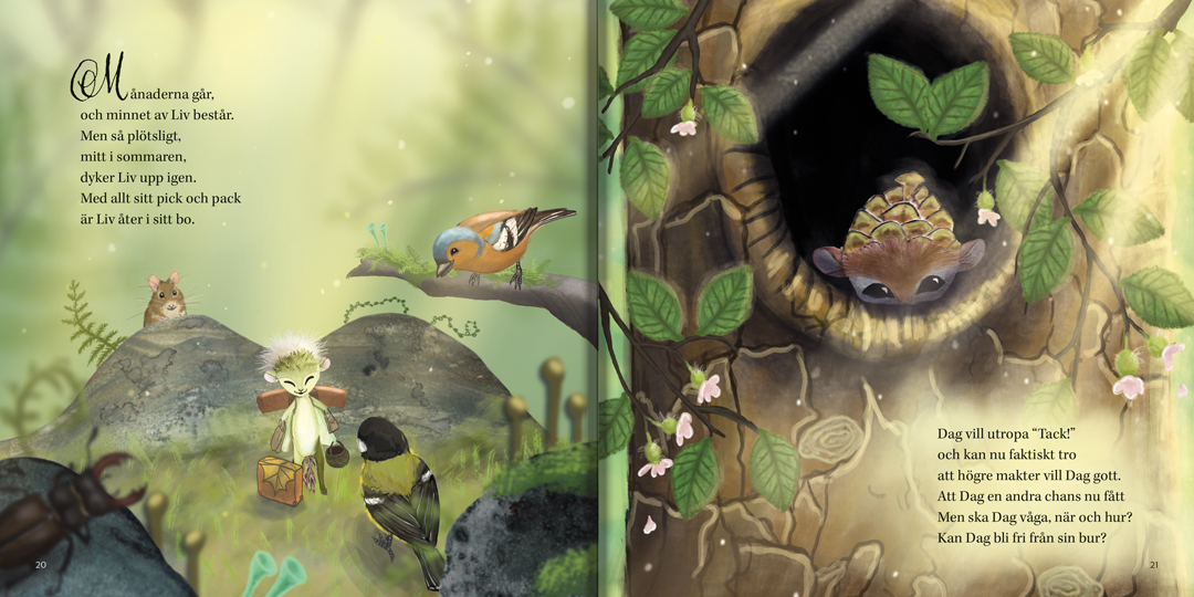 Ett uppslag med sidorna 20-21 i boken 'Sagan om Liv & Dag av Juni Saga Fylkeson och Jenny-Linn Einebrant med Liv och Dag, en mus, en fågel, stenar och blommor