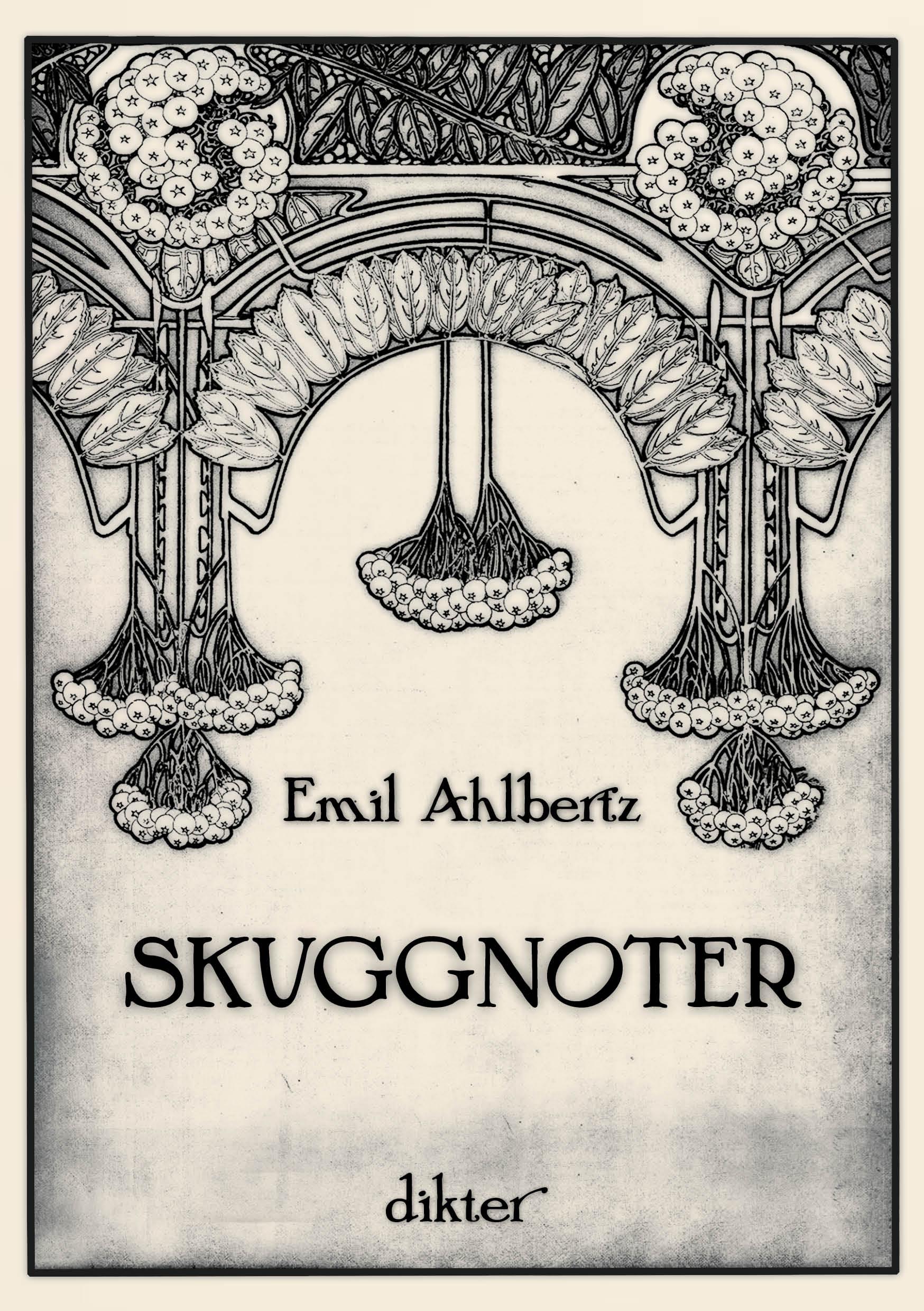 Omslaget till 'Skuggnoter' av Emil Ahlbertz med en dekorativ bakgrund med rönnbär och typiska art deco-ornament av Alphonse Mucha 'Documents Decoratifs' från 1901