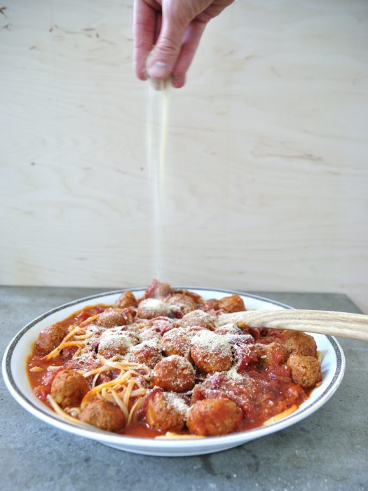 pasta with italian meat(free)balls and tomato sauce