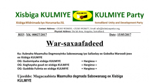 Xisbiga Kulmiye Oo Goor Dhaweyd Magacaabis Sameeyey