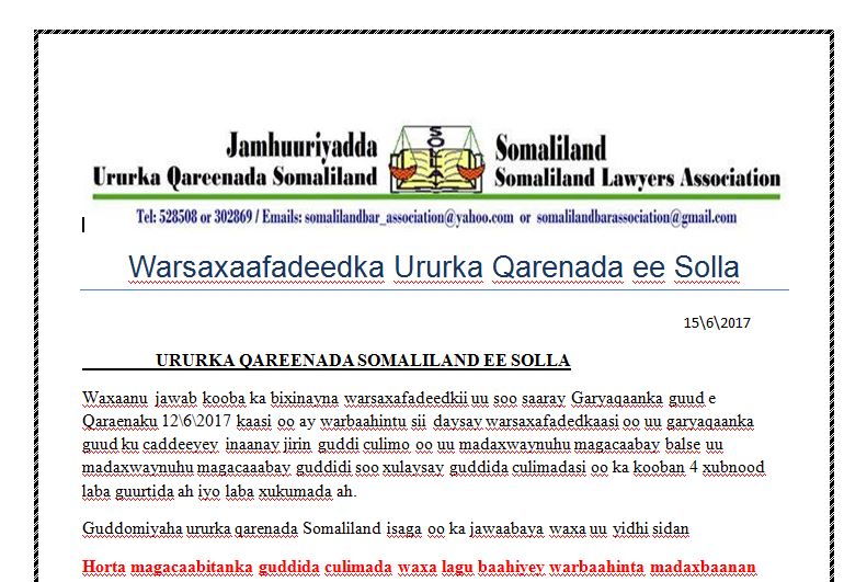 Ururka Qareenada Somaliland Ee SOLLA Oo Jawaab Ka Bixiyay Hadal Ka Soo Yeedhay Garyaqaanka Guud Ee Qaranka