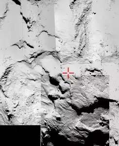 A collection of five images from the Rosetta spacecraft's OSIRIS narrow-angle camera is being used to try to identify the final touchdown point of the lander Philae. The European Space Agency marked the suspected landing area with a red cross. 