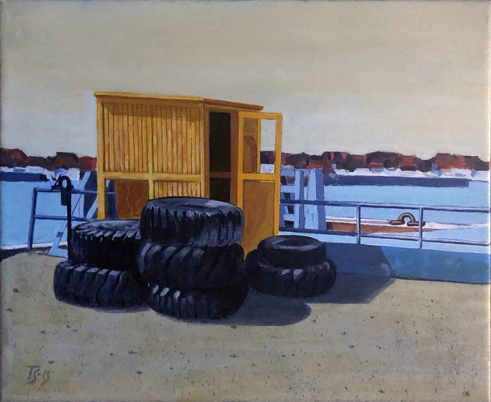 Sandengen no. 8 Tires on the quay - acrylic/oil 40x30 DKK 3.500