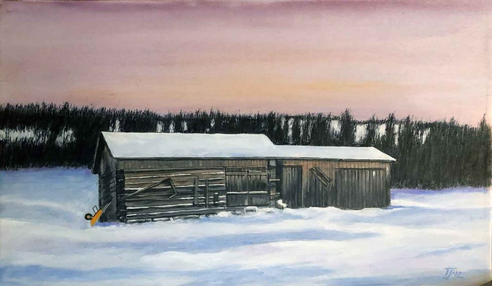 Sandengen no.6 Barn in snow, Norway - acrylic/oil 60x40 DKK 5.000