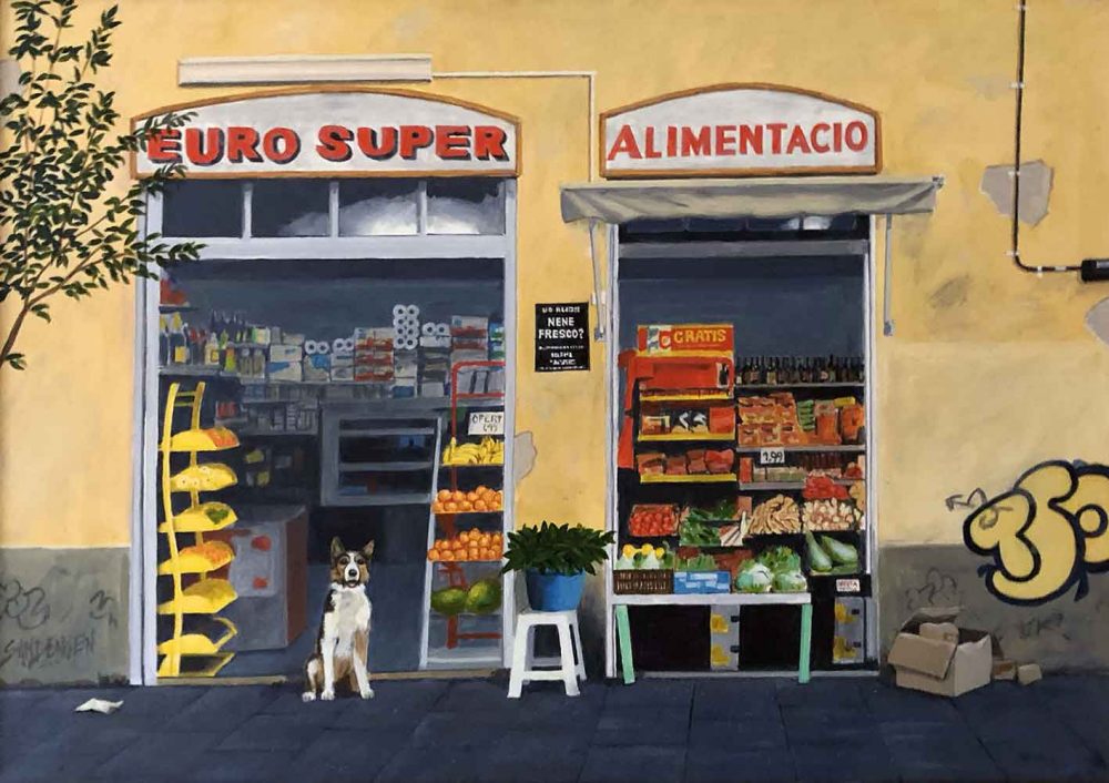 Sandengen no. 23 Shop in Barcelona - acrylic/oil 60x40 DKK 5.000