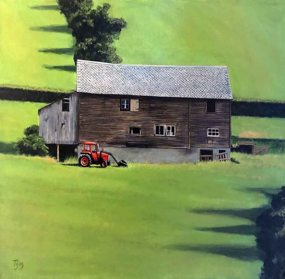 Sandengen no. 5 Barn and red tractor - acrylic/oil 60x50 DKK 5.500