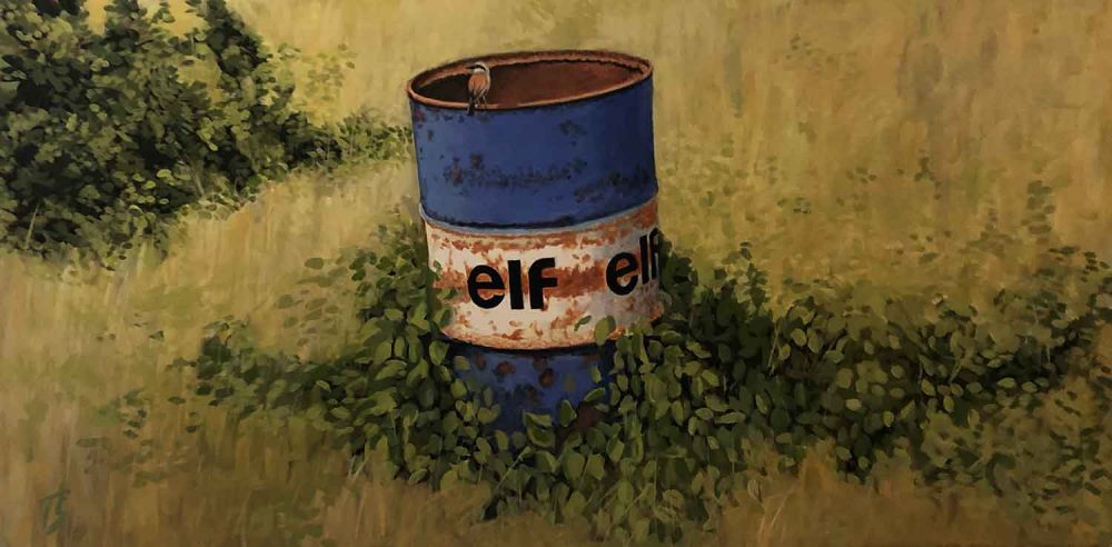 Sandengen no. 35 Oil barrel with bird - acrylic/oil 80x40 DKK 6.000