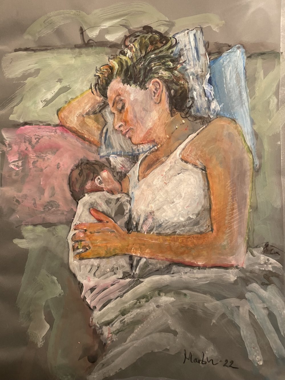 'Breastfeeding', 2022, (30 x 42 cm) gouache on plastic foil