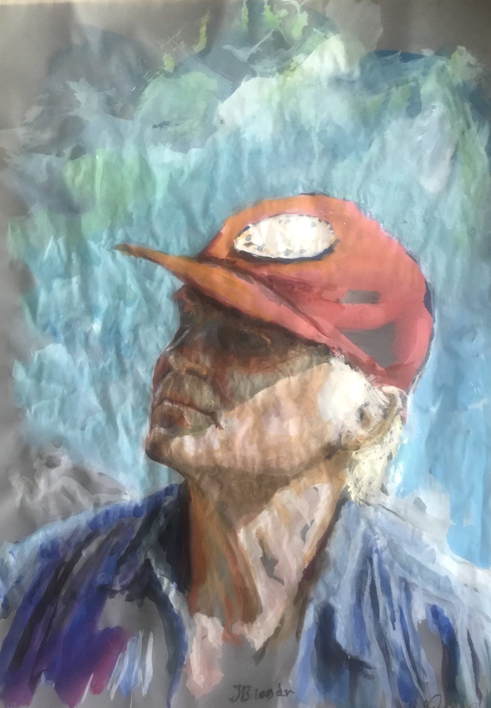 'Ib with cap', 2022 (48 x 56 cm), water colour and gouache on plastic foil