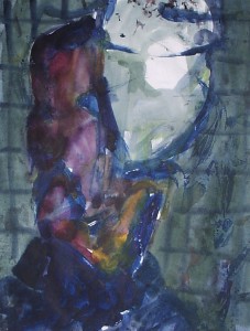 Man achter lamp - Acryl op papier -75x87