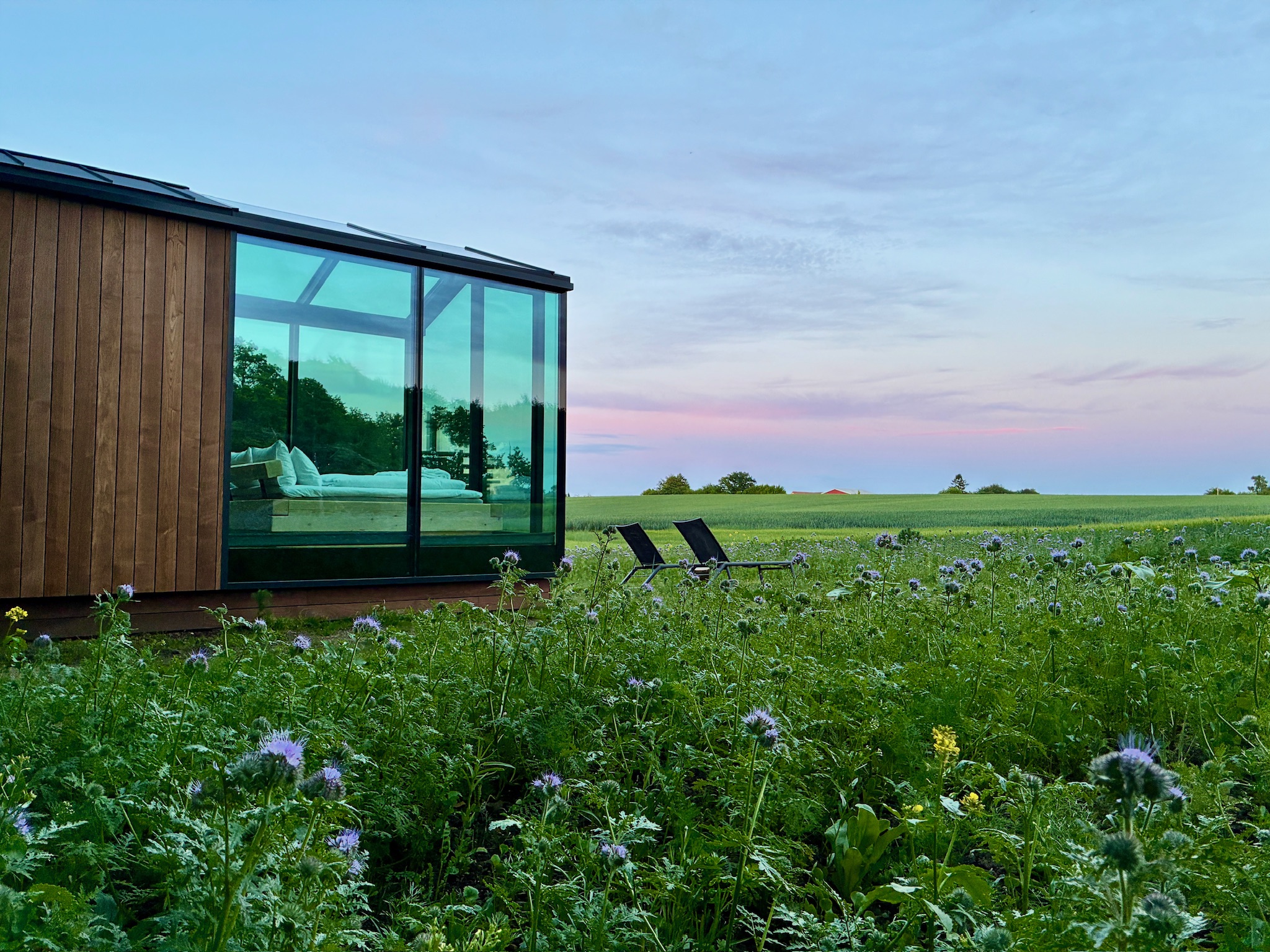 Glass Hut Lysa nestled beside a forest edge overlooking open fields