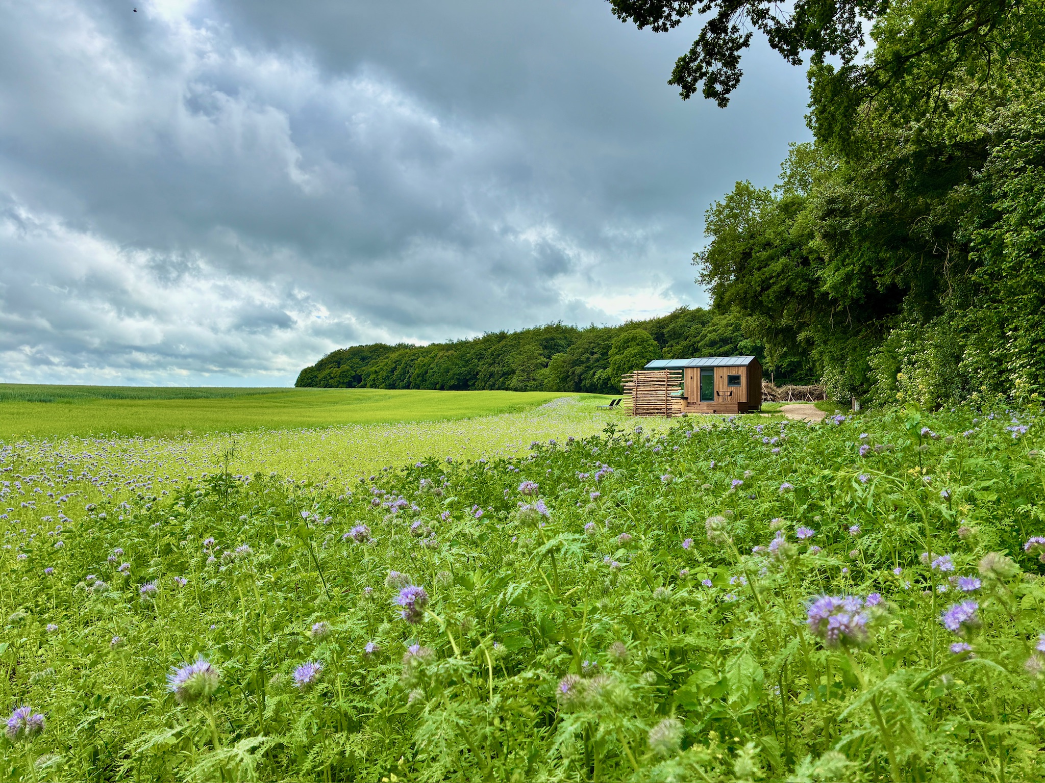 Glass Hut Lysa's private hot tub facing a sunset over the fields