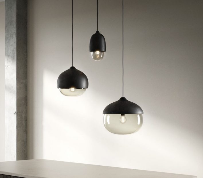 Terho Lamps - Black stained wood shade and clear glass - by Mater Design