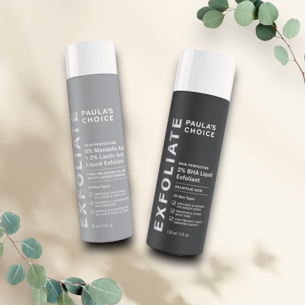 Paula's Choice 6% Mandelic Acid + 2% Lactic Acid Liquid Exfoliant & Paula's Choice 2% BHA Liquid Exfoliant.