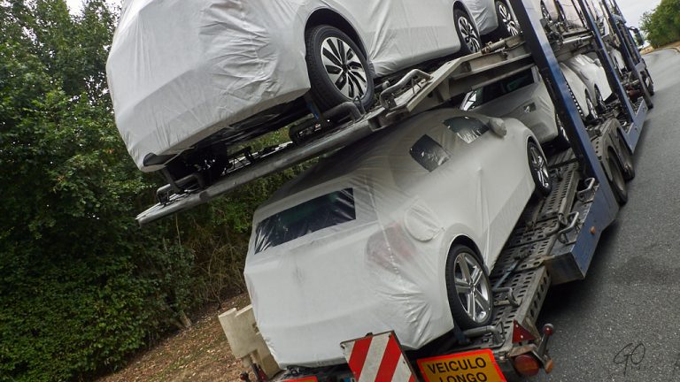 Vrachtwagen volgepakt met personenauto's