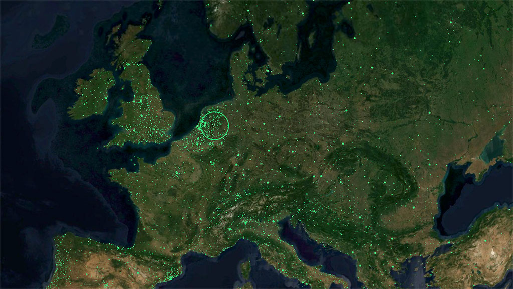 Kaart van Europa met groene lichtpuntjes