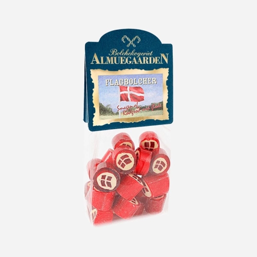 Flag bolcher med smag af jordbær fra Almuegaarden.