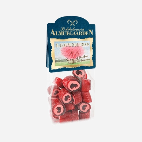 Hjertebolcher med smag af kirsebær fra Almuegaarden.