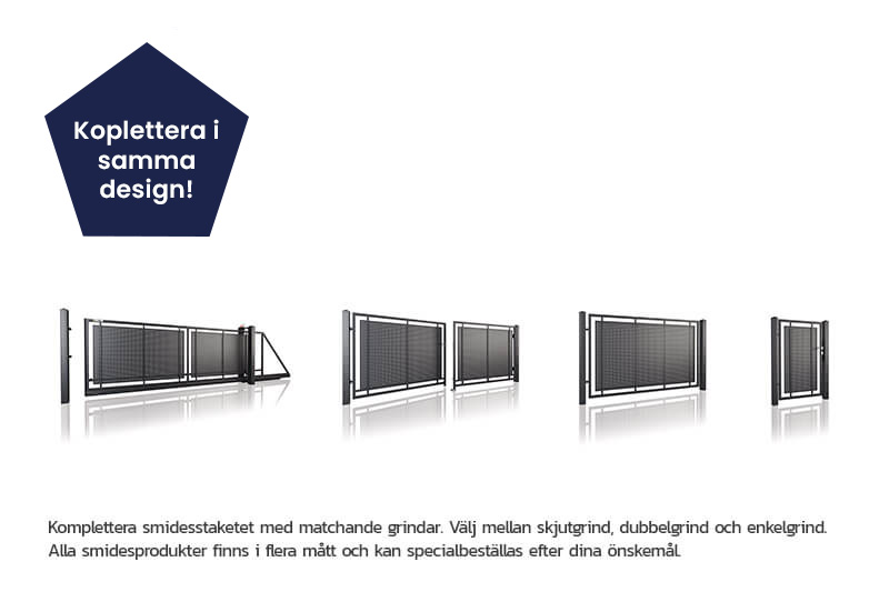 Komplettera smidesstaketet med matchande grindar. Välj mellan skjutgrind, dubbelgrind och enkelgrind. Alla smidesprodukter finns i flera mått och kan specialbeställas efter dina önskemål.