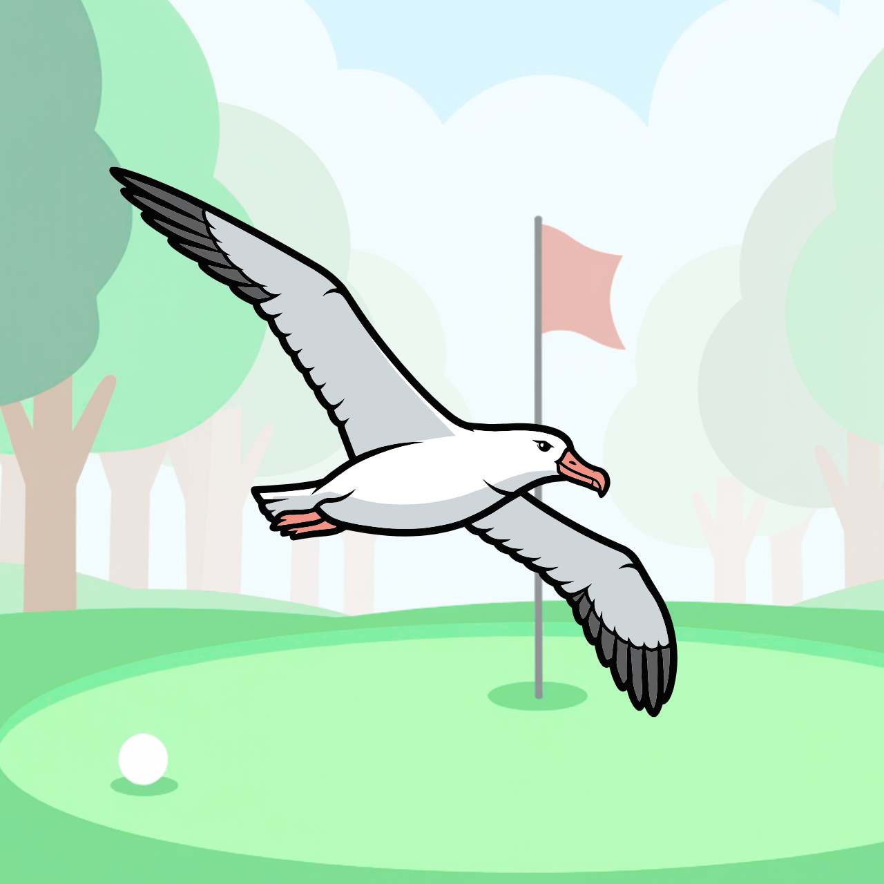 Tegneserieaktig tegning av en albatross som svever foran en golfbane.