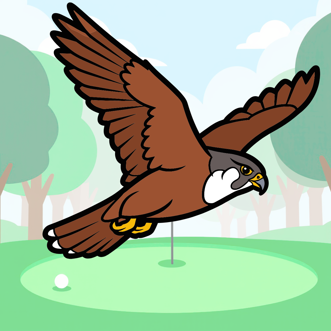 Tegneserieaktig tegning av en ørn foran en golfbane.
