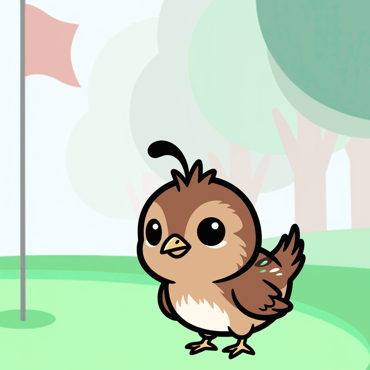 En tegneseriaktig tegning bitteliten spurv i brun og beige som står på en golfbane.