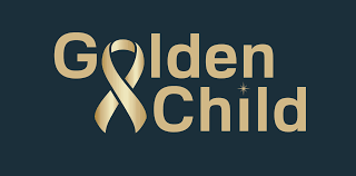 Teksten "Golden child" I gulltekst på mørk blå bakgrunn. "O"-en i "golden" er formet som en kreftsløyfe.