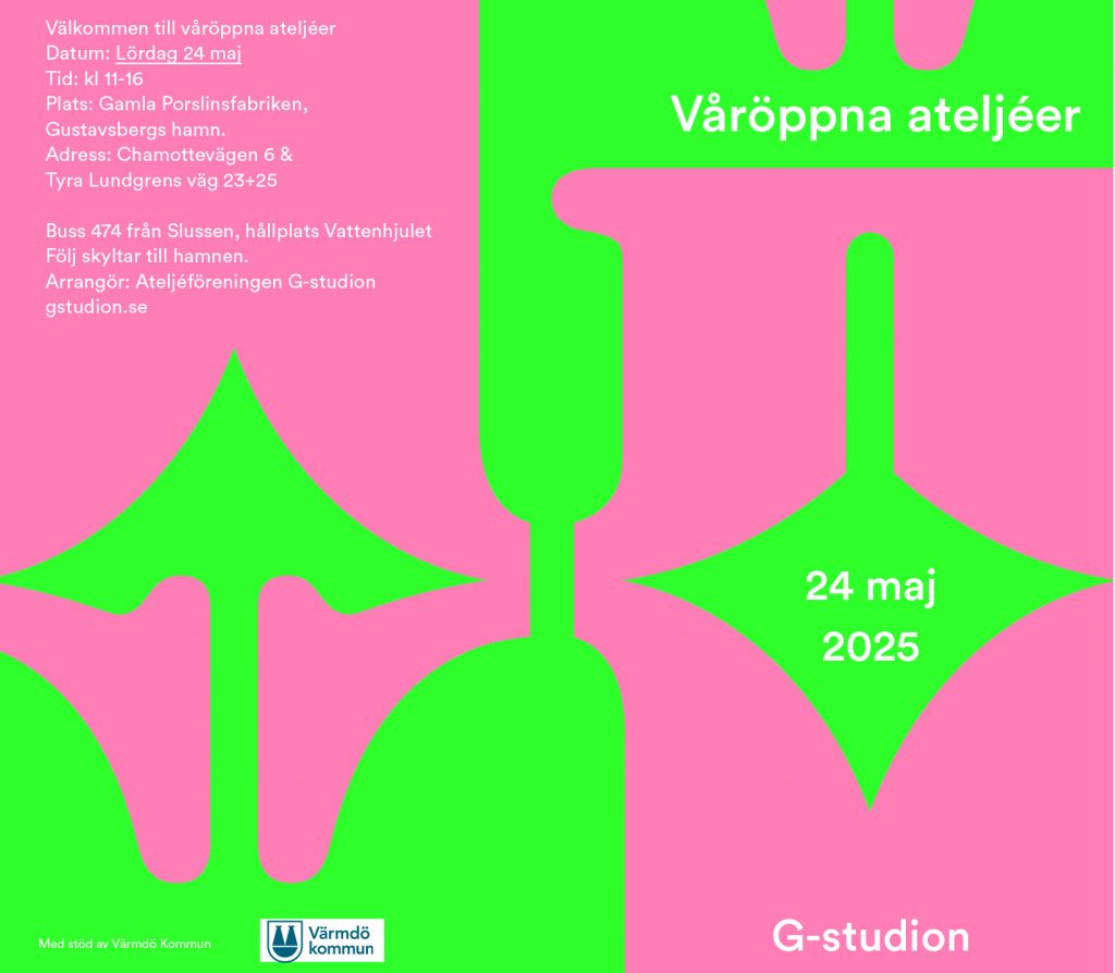 Våröppna ateljéer lördag den 24 maj 2025 klockan 11–16 i Gamla porslinsfabriken, Gustavsbergs hamn.