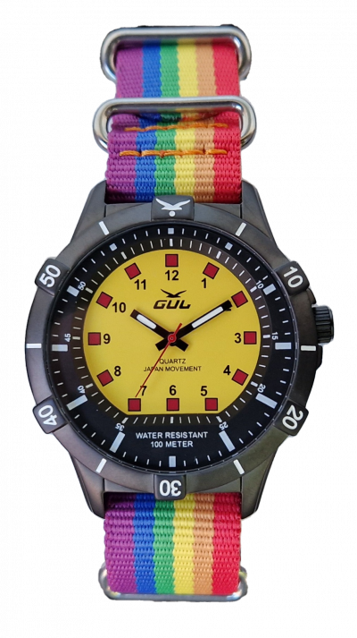 No.1 black / yellow with rainbow nato strap