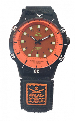 Gul No. 1 Powered by Light watch. Analouge watch with a black Velcro strap with orange logo.