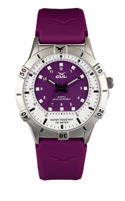 GUL No.2 Wrist watch case in Stainless steel with white-purple dial. A Purple strap in soft slilicone