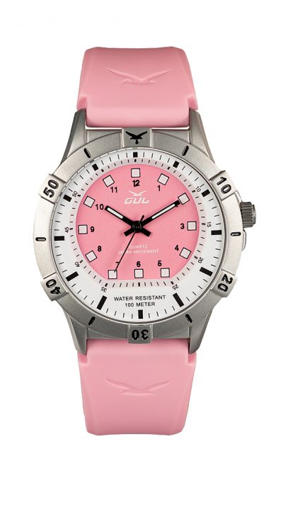 GUL No.2 Wrist watch case in Stainless steel with white-pink dial. A Pink strap in soft slilicone