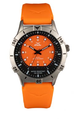 GUL No.2 Wrist watch case in Stainless steel with Black-orange dial. A orange strap in soft slilicone