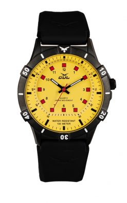 GUL No.2 Wrist watch case in IPB (Black) with All yellow dial. A black strap in soft slilicone